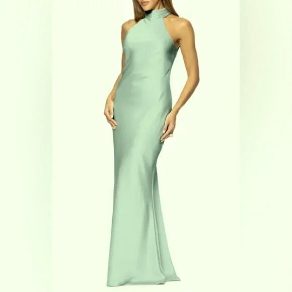 Xscape Sage Green Halter Neck Satin Sheath Gown - Picture 1 of 2